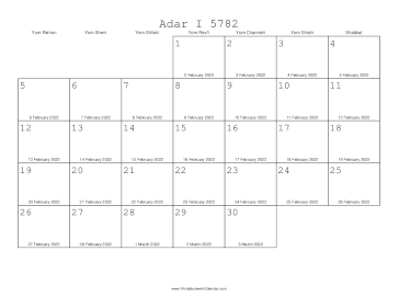 Adar I 5782 Calendar with Gregorian equivalents 