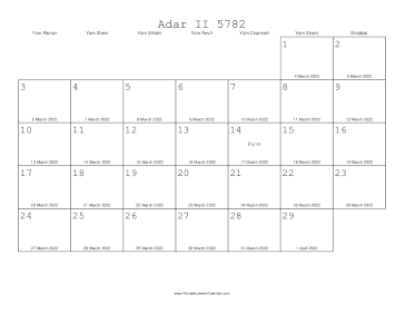 Adar II 5782 Calendar with Gregorian equivalents 