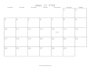 Adar II 5782 Calendar 