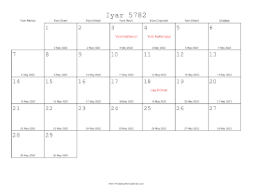 Iyar 5782 Calendar with Gregorian equivalents 