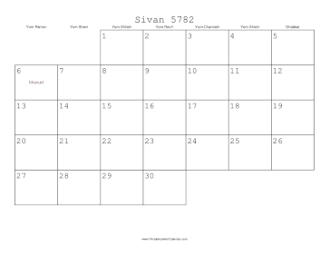 Sivan 5782 Calendar 