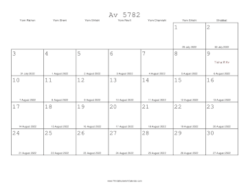 Av 5782 Calendar with Gregorian equivalents 