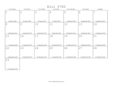 Elul 5782 Calendar with Gregorian equivalents 