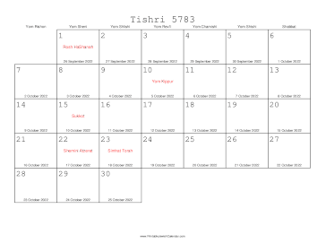 Tishri 5783 Calendar with Gregorian equivalents 