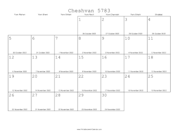 Cheshvan 5783 Calendar with Gregorian equivalents 