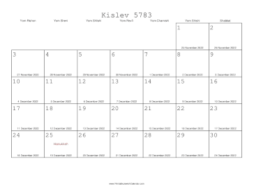 Kislev 5783 Calendar with Gregorian equivalents 