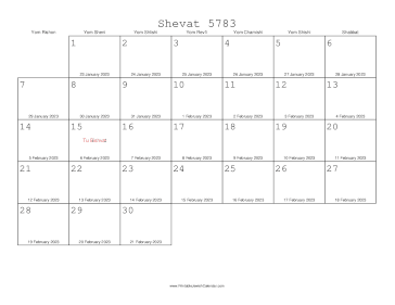 Shevat 5783 Calendar with Gregorian equivalents 
