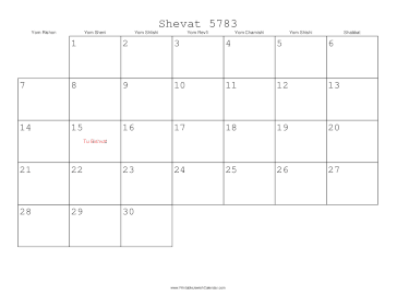 Shevat 5783 Calendar 