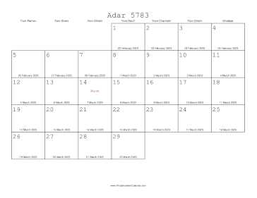 Adar II 5783 Calendar with Gregorian equivalents 