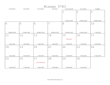 Nissan 5783 Calendar with Gregorian equivalents 