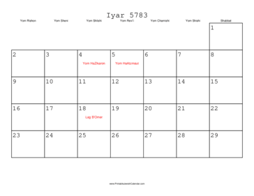 Iyar 5783 Calendar 