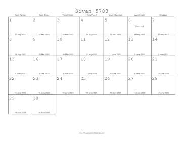 Sivan 5783 Calendar with Gregorian equivalents 