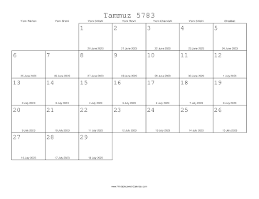 Tammuz 5783 Calendar with Gregorian equivalents 