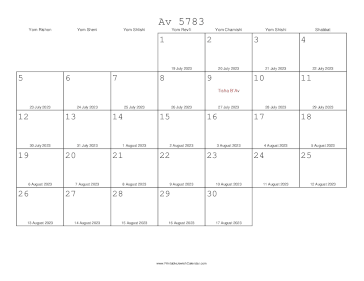 Av 5783 Calendar with Gregorian equivalents 