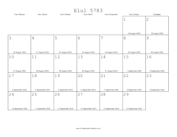 Elul 5783 Calendar with Gregorian equivalents 