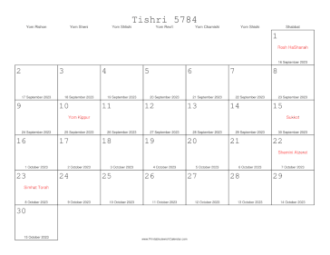 Tishri 5784 Calendar with Gregorian equivalents 