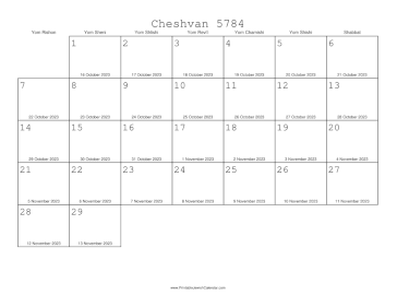 Cheshvan 5784 Calendar with Gregorian equivalents 