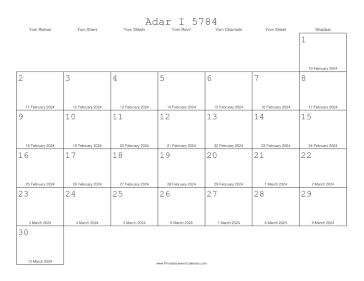 Adar I 5784 Calendar with Gregorian equivalents 
