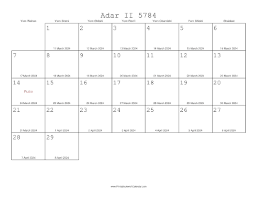 Adar II 5784 Calendar with Gregorian equivalents 
