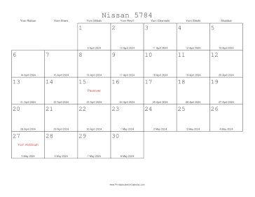 Nissan 5784 Calendar with Gregorian equivalents 