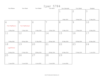 Iyar 5784 Calendar with Gregorian equivalents 