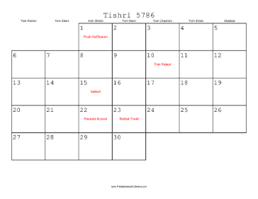 Tishri 5786 Calendar 
