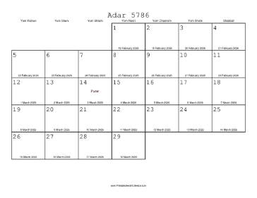 Adar 5786 Calendar_with_Gregorian_equivalents 