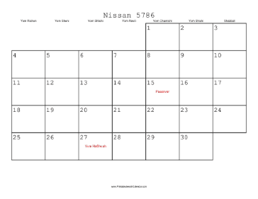 Nissan 5786 Calendar 