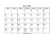 July 2009 Calendar with Jewish equivalents and holidays