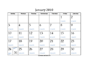January 2010 Calendar with Jewish equivalents