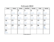 February 2010 Calendar with Jewish equivalents and holidays