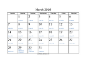 March 2010 Calendar with Jewish equivalents and holidays