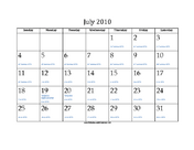 July 2010 Calendar with Jewish equivalents and holidays