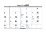 September 2010 Calendar with Jewish equivalents and holidays