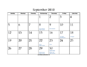 September 2010 Calendar with Jewish holidays