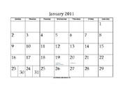January 2011 Calendar with Jewish holidays