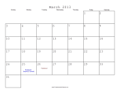 March 2013 Calendar with Jewish holidays
