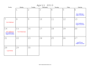 April 2013 Calendar with Jewish holidays