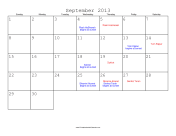 September 2013 Calendar with Jewish holidays