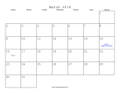 March 2014 Calendar with Jewish holidays