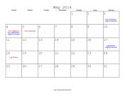 May 2014 Calendar with Jewish holidays