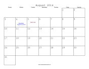 August 2014 Calendar with Jewish holidays