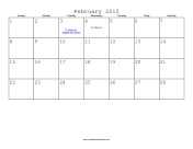 February 2015 Calendar with Jewish holidays