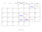 April 2015 Calendar with Jewish holidays