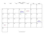 May 2015 Calendar with Jewish holidays