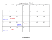 September 2015 Calendar with Jewish holidays