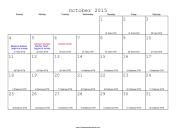 October 2015 Calendar with Jewish equivalents