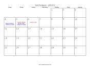 October 2015 Calendar with Jewish holidays