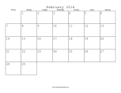 February 2016 Calendar with Jewish holidays