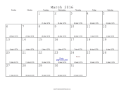 March 2016 Calendar with Jewish equivalents